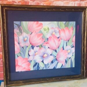Original Pink and Purple Spring Floral Tulips and Pansies Framed Watercolor Art